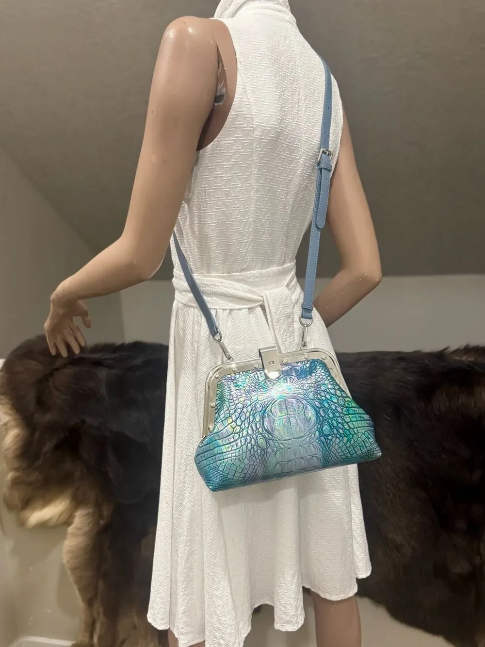 Iridescent Croc-Embossed Cowhide Handmade Unique Rivet Frame Bag, Large Size